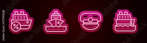 Set line Cruise ship, , Captain hat and . Glowing neon icon. Vector