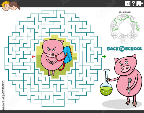 maze game with cartoon piglet pupil going to school
