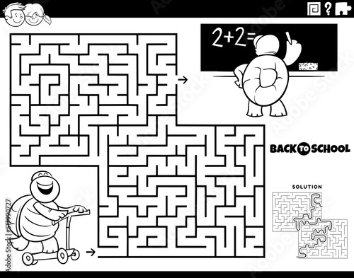 maze with turtle riding a scooter to school coloring page
