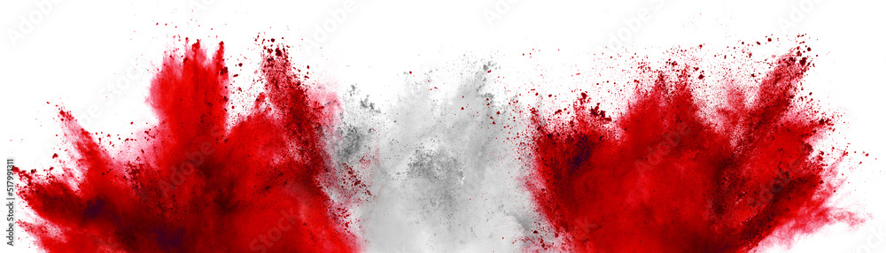 colorful red white red austrian flag  color holi paint powder explosion isolated background. Austria colors celebration soccer travel tourism concept - obrazy, fototapety, plakaty 