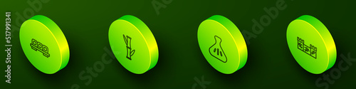 Set Isometric line Sushi on cutting board, Bamboo, Dumpling and Great wall of China icon. Vector