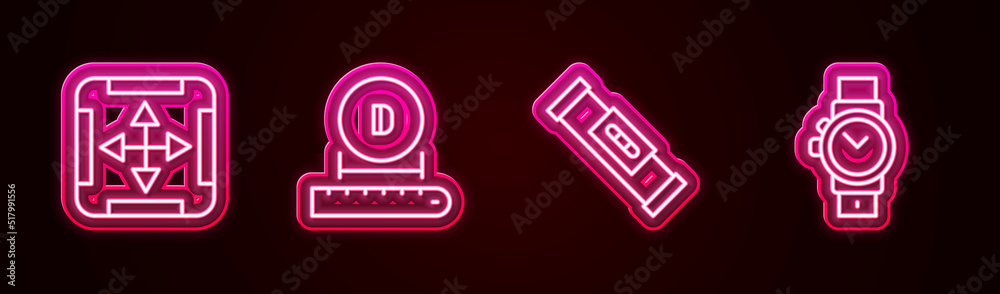 Set line Area measurement, Diameter, Construction bubble level and Wrist watch. Glowing neon icon. Vector Set line Area measurement, Diameter, Construction bubble level and Wrist watch. Glowing neon icon. Vector