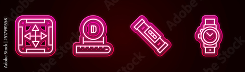 Set line Area measurement, Diameter, Construction bubble level and Wrist watch. Glowing neon icon. Vector