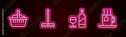 Set line Basket, Garden rake, Wine bottle with glass and Cup of tea tea bag. Glowing neon icon. Vector