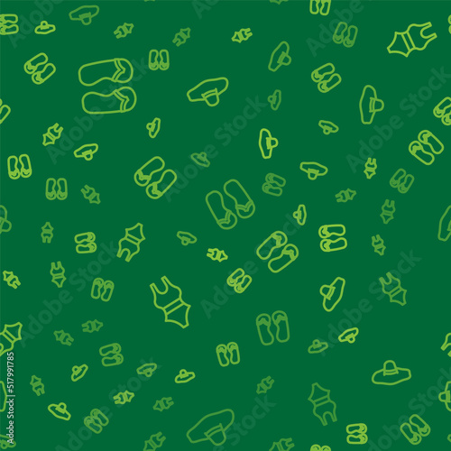 Set line Flip flops, Swimsuit and Elegant women hat on seamless pattern. Vector