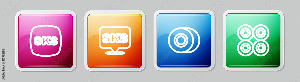 Set line Skateboard, , wheel and . Colorful square button. Vector Set line Skateboard, , wheel and . Colorful square button. Vector