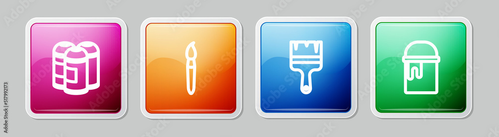 Set line Paint spray can, brush, and bucket. Colorful square button. Vector Set line Paint spray can, brush, and bucket. Colorful square button. Vector