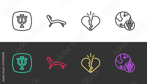 Set line Psychology, Psi, Armchair, Broken heart or divorce and on black and white. Vector