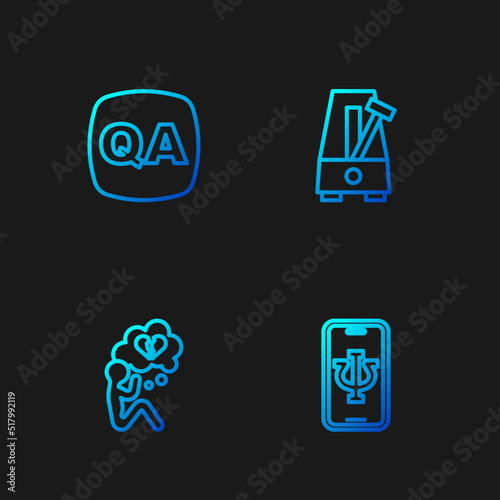 Set line Psychologist online, Broken heart or divorce, Question and Answer and Metronome with pendulum. Gradient color icons. Vector