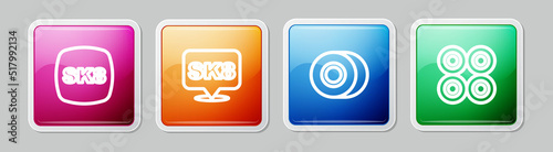 Set line Skateboard, , wheel and . Colorful square button. Vector