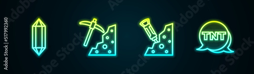 Set line Gem stone, Pickaxe, Construction jackhammer and Dynamite. Glowing neon icon. Vector