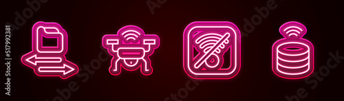 Set line Transfer files, Smart drone system, No Wi-Fi wireless internet and data server. Glowing neon icon. Vector