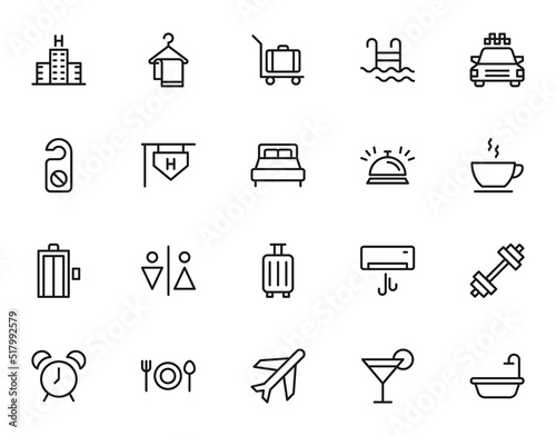 Hotel, holiday, weekend concept. Vector signs drawn in flat style. Line icon set with symbols of towel, luggage, swimming pool, taxi, door hanger, signboard, bed, cafe etc