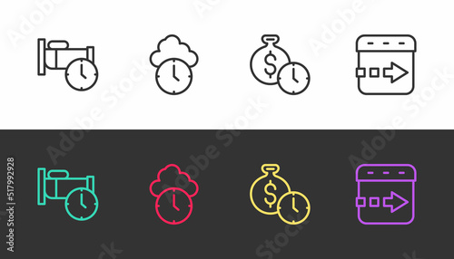 Set line Time to sleep, Clock, is money and flies the clock on black and white. Vector