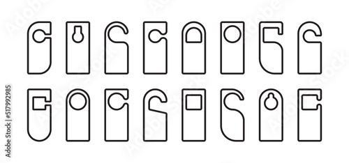 Door hanger vector line icon, hotel template tag, handle disturb mockup, paper blank set isolated on white background. Warning illustration
