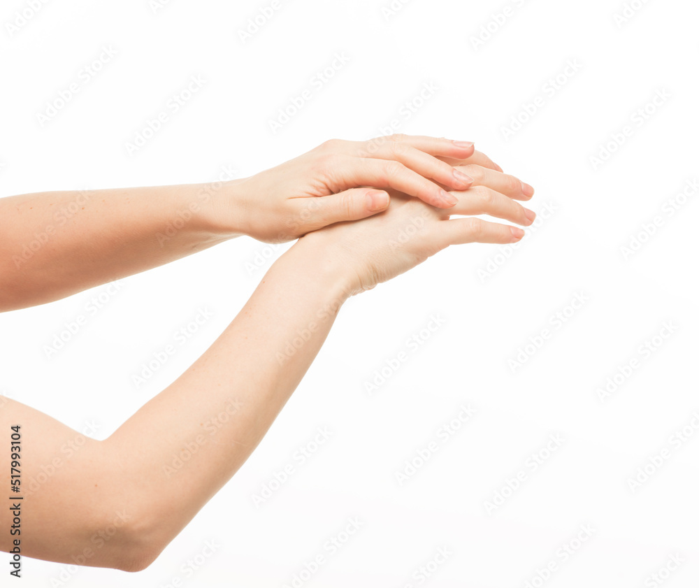 human hands on a white background isolated. hands indicate support hold care resist compete.