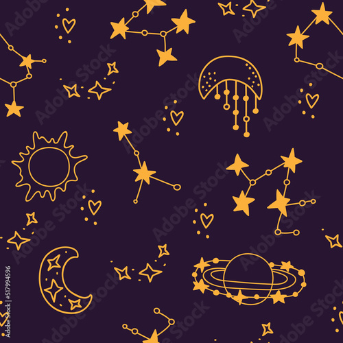 Seamless pattern with stars, planets and moon. Astronomical background. Print for textile, wallpaper, covers, surface.