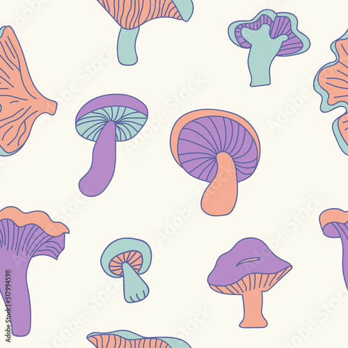 Magic mushroom seamless pattern. Print for textile, wallpaper, covers, surface. For fashion fabric. Retro stylization.