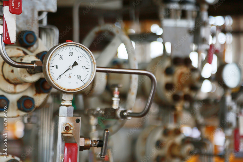 Pressure gauge using measure the pressure in production process. Worker