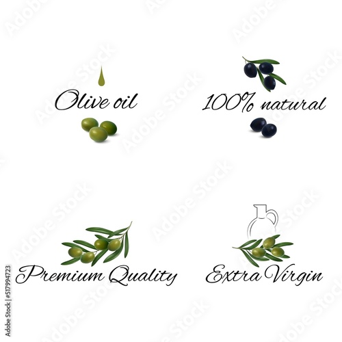 Vector collection of olive oil labels. Set of design template packaging for olive oil. Labels with text olive oil, 100% natural, extra virgin, premium quality. Hand drawn printable template