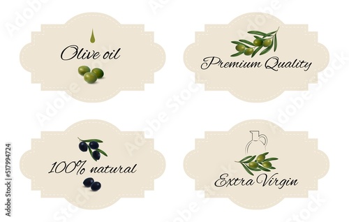 Vector collection of olive oil labels. Set of design template packaging for olive oil. Labels with text olive oil, 100% natural, extra virgin, premium quality. Hand drawn printable template