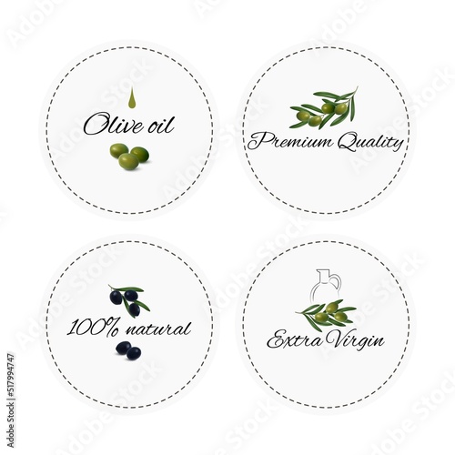 Vector collection of olive oil labels. Set of design template packaging for olive oil. Labels with text olive oil, 100% natural, extra virgin, premium quality. Hand drawn printable template