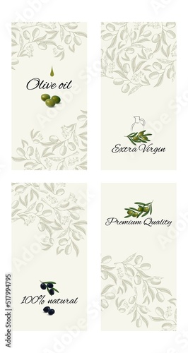 Vector collection of olive oil labels. Set of design template packaging for olive oil. Labels with text olive oil, 100% natural, extra virgin, premium quality. Hand drawn printable template