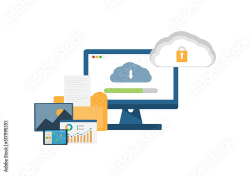 vector illustration cloud computing concept on security, database on cloud platform, information connecting, database cyber security