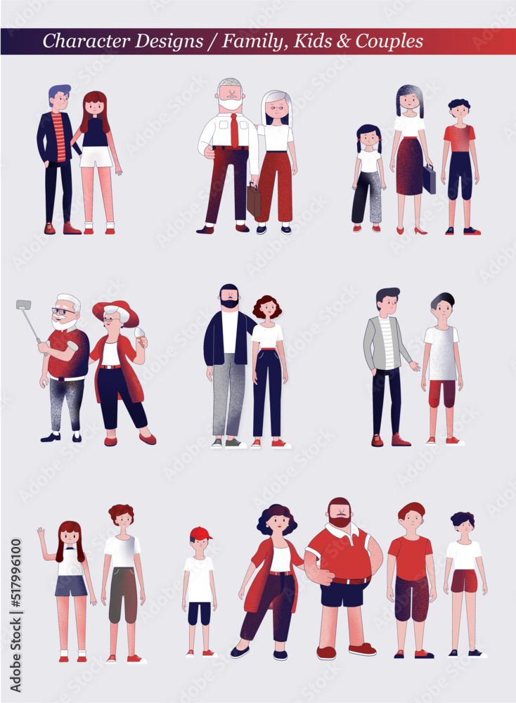 Editable Flat Vector Character Designs of Families Couples and Children