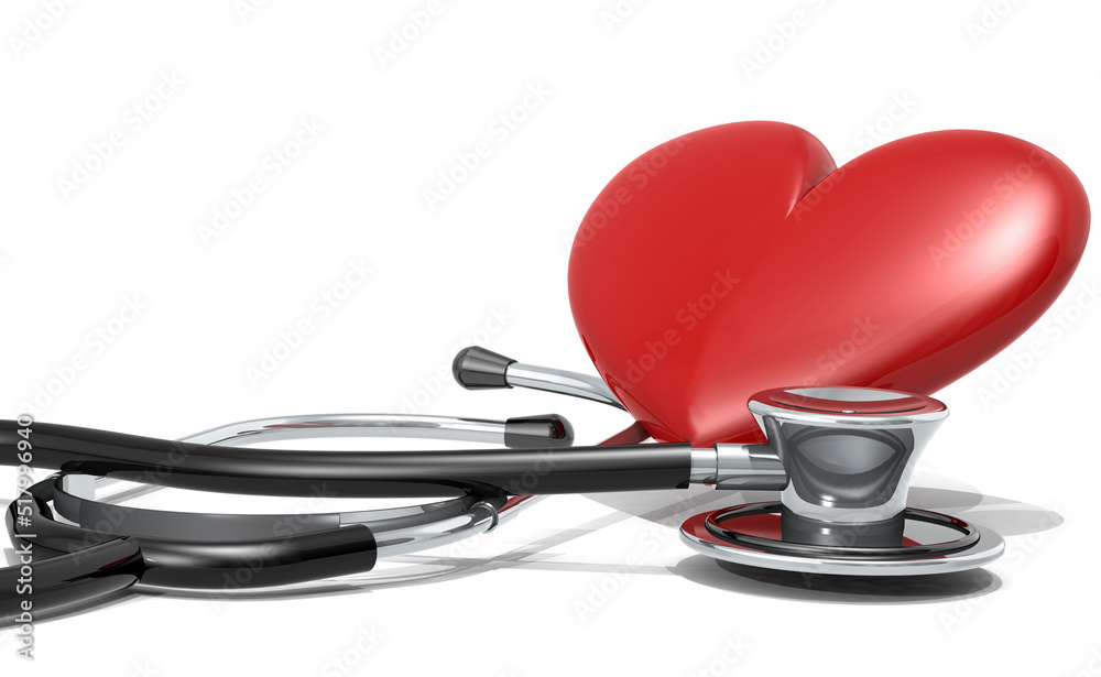 Heart shape and stethoscope on white background