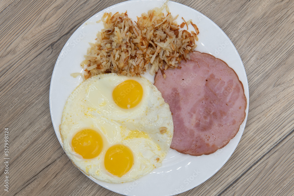 Overhead view of standard American breakfast consisting of ham, fried eggs, and hash browns will ensure that the belly will be full Overhead view of standard American breakfast consisting of ham, fried eggs, and hash browns will ensure that the belly will be full