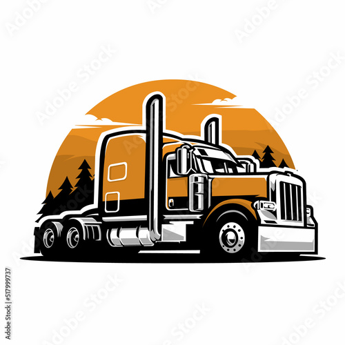 Premium semi truck flat bed 18 wheeler freight vector illustration. Best for Tshirt and sticker related design