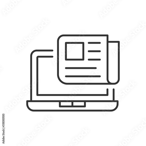 Newspaper on laptop screen. Online news icon line style isolated on white background. Vector illustration