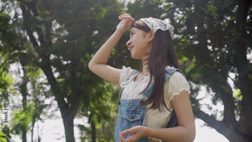 Beautiful young asian woman feeling good with cheerful on summer in nature, breathing fresh in vacation at forest, girl relax and environment, health and emotion, lifestyles concept. Beautiful young asian woman feeling good with cheerful on summer in nature, breathing fresh in vacation at forest, girl relax and environment, health and emotion, lifestyles concept.
