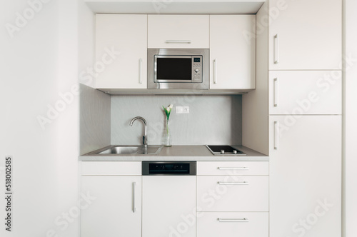 Small compact kitchen unit in modern style with several cabinets and drawers with handles. Kitchen includes built-in appliances. The line is diversified by a simple vase with several flowers.