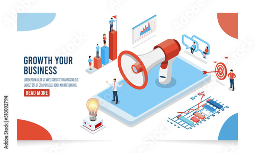 3D isometric with business people working around growth charts, bars, business people work in the office, analysis concept. Statistics and business statement. Vector illustration eps10