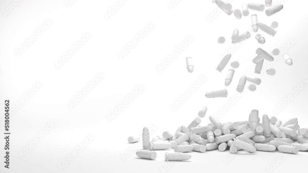 Stark White 3D Rendered 9mm Shell Casings Falling On Floor Into A Pile