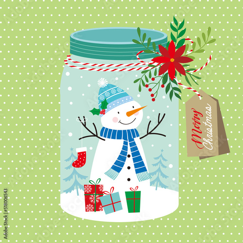christmas greeting card with snowman in the jar