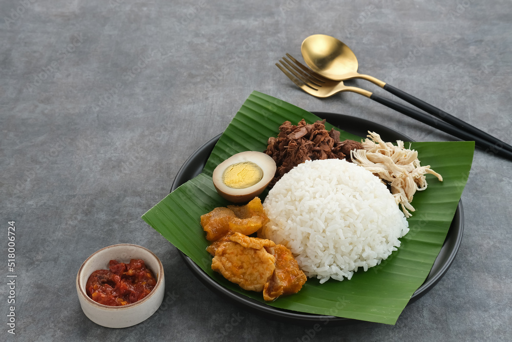 Gudeg, a typical food from Yogyakarta, Indonesia, made from young jackfruit cooked with coconut milk. Served with spicy stew of cattle skin crackers, brown eggs, shredded chicken and sambal.
