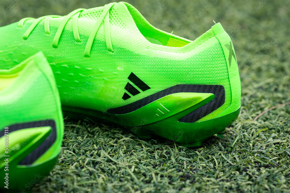 Thailand - July 2022: Adidas launch "X Speedportal" as new generation of  speed performance football boots in green color. This product was global  presented by Leonel Messi and Mohamed Salah. Close-up. Stock