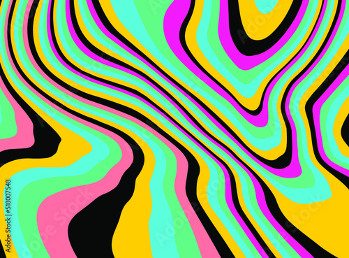 The 1970s-style wavy retro background in a psychedelic bright acidic colors.
