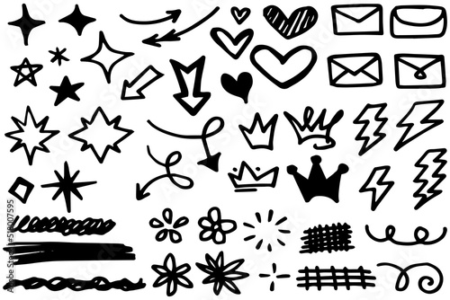 Vector set of different crowns  hearts  stars  crystals  sparkles  arrows  lightning  diamonds  signs and symbols. Hand drawn  doodle element isolated on a white background.