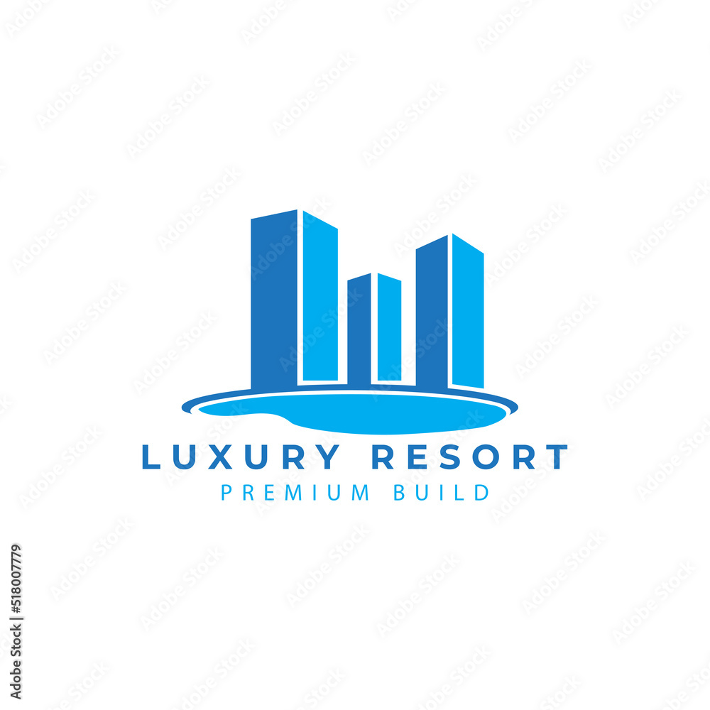 luxury resort logo with swimming pool and building vector icon symbol illustration design