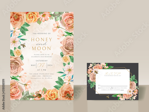 Beautiful floral and bees wedding invitation card