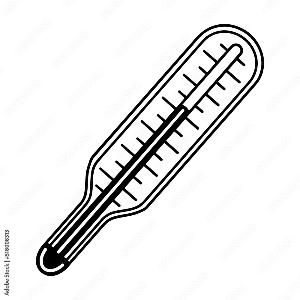 Axillary, oral mercury thermometer vector icon. Medical device for measuring body temperature. Illustration isolated on white background. Glass tool with a scale. Outline for logo, web, app