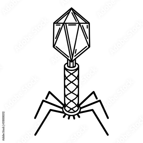 Bacteriophage vector icon. DNA, RNA virus infecting bacterial cells. Microorganism with a protein coat, fiber tail. Black outline isolated on white background. Virus structure for web, logo, apps
