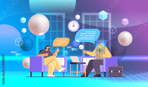 businesspeople couple in virtual reality glasses with chat bubbles discussing during business meeting vr vision