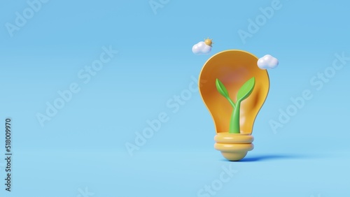 Plant inside Light bulb. Creative concept of Green energy, Ecological friendly and sustainable environment.3D render illustration