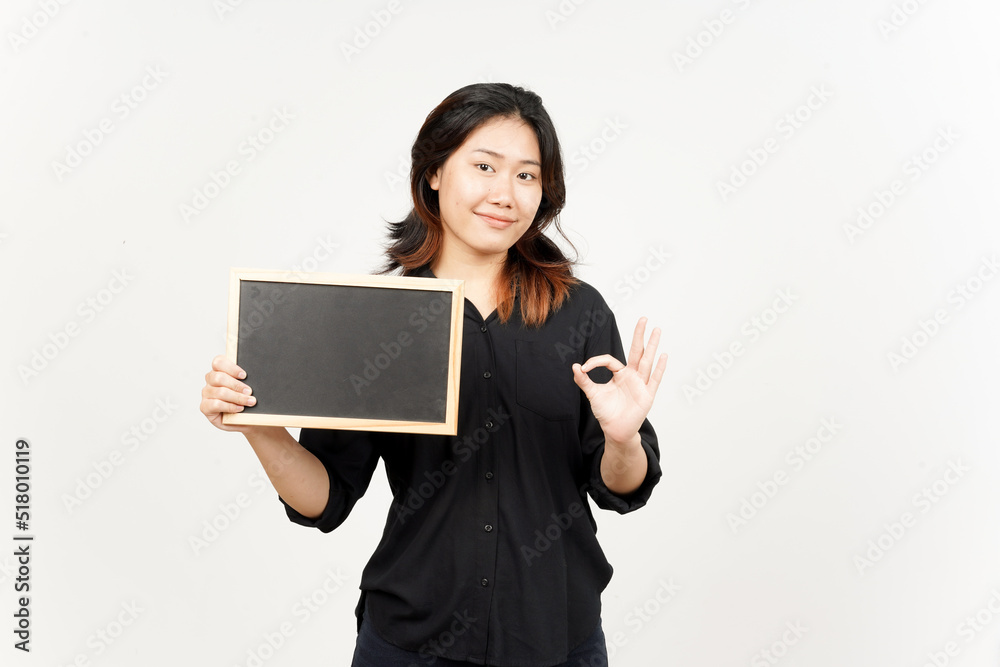 Showing, Presenting and holding Blank Blackboard of Beautiful Asian Woman Isolated On White Showing, Presenting and holding Blank Blackboard of Beautiful Asian Woman Isolated On White