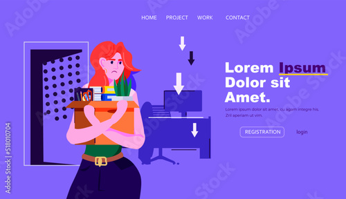 unhappy business woman holding cardboard box with things you are fired dismissal unemployment jobless employee